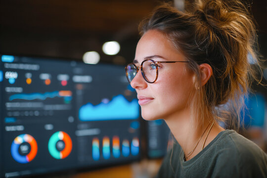 Young woman analyzing data on computer screens in a modern workspace Generative AI