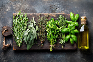 Freshly picked herbs and olive oil ready for cooking, showcasing rosemary, sage, thyme, parsley, and basil on a rustic wooden board for culinary inspiration