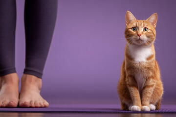 Cute ginger cat watches yoga practice in serene purple studio, promoting mindfulness and wellness, perfect for health and lifestyle campaigns