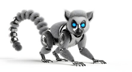 Obraz premium Robotic lemur with blue glowing eyes isolated on white background