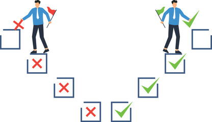 Business decision making concept showing success path and failure journey. Businessman making strategic choice for career progress, task management, project planning, and goal achievement.