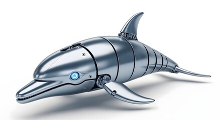 Futuristic metallic robot dolphin toy isolated on white background