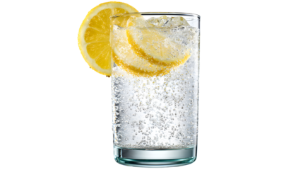 Clear glass filled with sparkling water and lemon slices against a black background studio shot