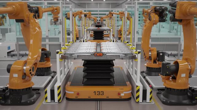 Fully automated EV production line with robotic arms assembling battery modules for the automotive industry. Modern autonomous car factory. Dolly out. 3d animation render