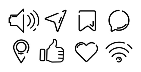 Black line UI icons set with speaker, navigation, bookmark, chat bubble, location pin, thumbs up, heart, and Wi-Fi signal, for mobile apps, websites, user interfaces, social media. Vector illustration