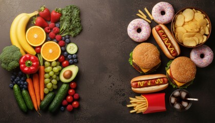 Fototapeta premium Healthy and unhealthy food choice comparison with fresh fruits, vegetables, burgers, and donuts on a dark textured background representing diet and nutrition