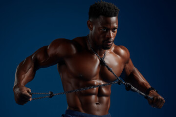 Powerful athletic man training with resistance bands, building strength and achieving fitness goals, ideal for gym promotions and healthy lifestyle campaigns