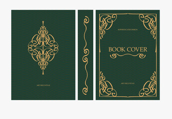 Classic vintage book cover and spine with gold and black art deco, art nouveau ornament, decorative frame, elegant retro style for classic publications, posters, artistic layouts