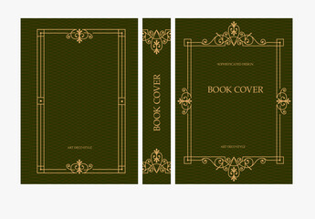 Classic vintage book cover and spine with gold and black art deco, art nouveau ornament, decorative frame, elegant retro style for classic publications, posters, artistic layouts