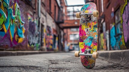 A vibrant skateboard stands upright in a graffiti-covered alley, with a colorful design against the backdrop of brick buildings