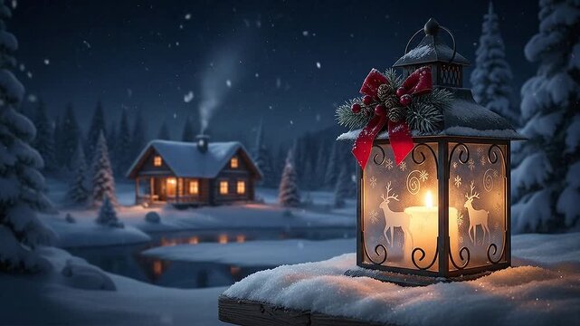 christmas candlelight lantern decoration on snowy winter landscape with snow flakes falling during winter time on christmas eve