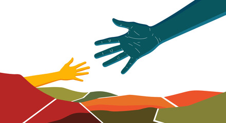 A striking graphic illustration depicts a compassionate gesture of support, with a large hand reaching towards a smaller one above a vibrant, abstract landscape.