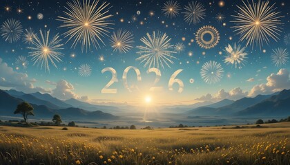 Starry night sky of the New Year 2026 over a mountain landscape