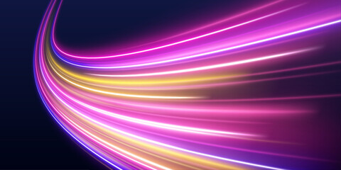 Red and purple neon waves twist dynamically over a dark cityscape. The glowing streaks suggest rapid motion and futuristic energy. Perfect for digital and tech visuals. 