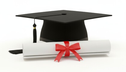 Black academic graduation cap with a tassel sits behind a rolled diploma certificate tied with a bright red ribbon, representing educational achievement and success, isolated on a white background