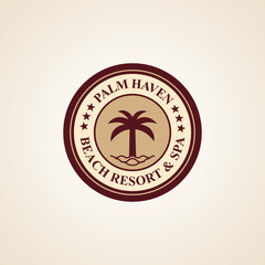 Palm haven beach resort & spa logo, tropical island resort, vacation tourism emblem