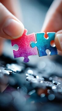 Close-up of hands connecting two colorful jigsaw puzzle pieces, symbolizing teamwork and problem solving