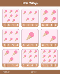 Count the number of ice creams. Educational mathematical game. Counting game for children. Kids activity sheet. Template for how many