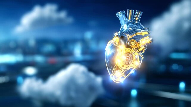 Futuristic mechanical heart, floating sky position, technological organ visualization, surreal medical concept, advanced healthcare imagery, bioengineering display, cybernetic anat