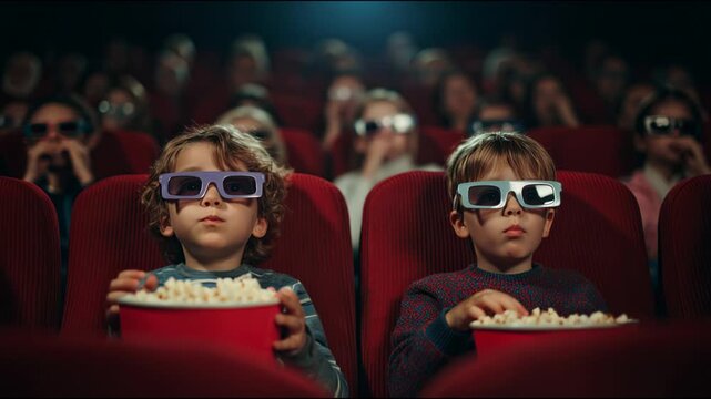 Little boys wearing 3d glasses eating popcorn while watching an interesting movie in the cinema
