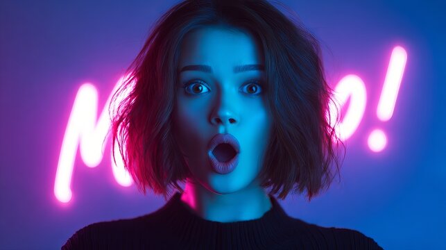Stunning young woman expressing surprise in vibrant neon light, perfect for eye-catching ads and social media campaigns, capturing attention instantly