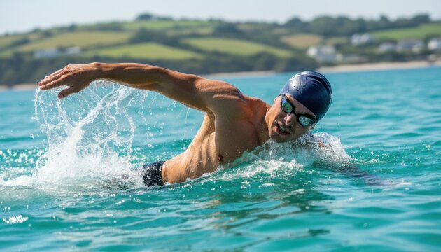 Athletic man swimmer in a blue cap and goggles powerfully swims the front crawl stroke in turquoise open water, creating a dynamic splash under bright sunlight with a blurred coast behind