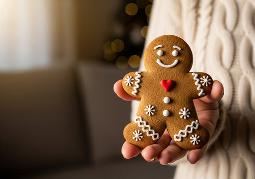 A cozy, close-up shot of a happy, decorated gingerbread man cookie with a red heart, held in a hand wearing a cream-colored knitted sweater for the Christmas holidays.