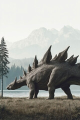 Fototapeta premium Kentrosaurus roaming near lakes and forests in a primeval landscape