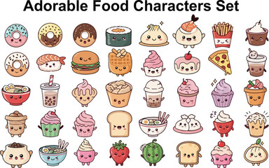 Adorable cartoon food characters set with various cute items