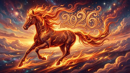 2026 Red Fire Horse Eastern Zodiac in Celestial Landscape