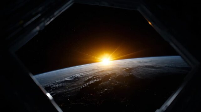 4k A highly detailed cinematic view from inside a spacecraft, looking through a large circular window framed by a hexagonal metal structure. The interior frame is dark, industrial