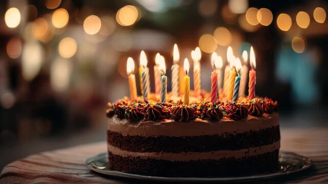 Birthday cake with lit candles at festive celebration in an outdoor setting during evening hours