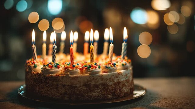 Birthday cake with lit candles surrounded by soft lights during evening celebration