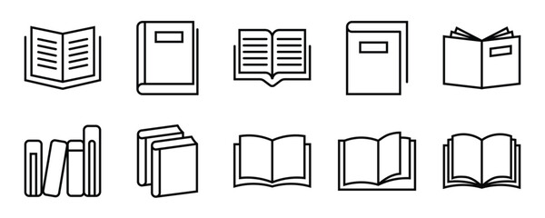 Book icon set. Simple flat vector collection for graphic design. Library, reading, learning, education, knowledge, study symbols. Editable stroke