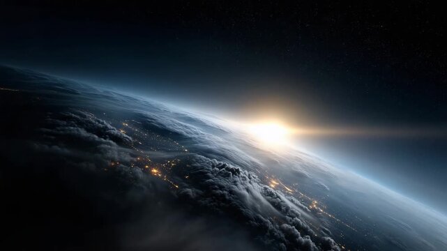 4k breathtaking Earth seen from space, captured from a high orbital perspective. The right side of the frame shows the illuminated curvature of Earth with vivid blue