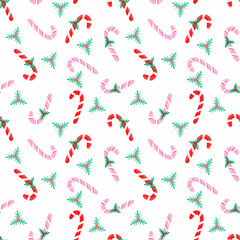 Seamless pattern of cute candy canes and holly leaves, synonymous with Christmas celebrations. Elegant design for wrapping paper, fabric, and backdrops.