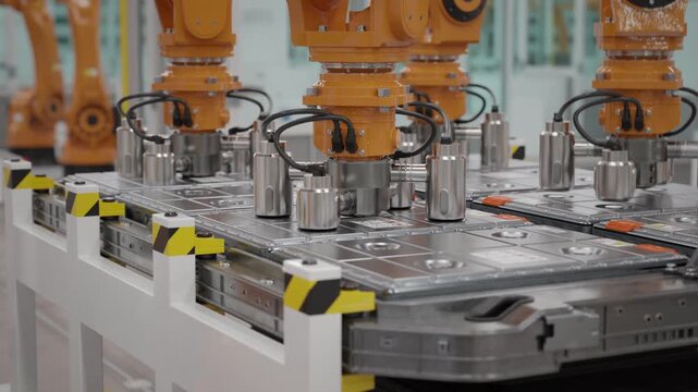 Fully automated EV production line with robotic arms assembling battery modules for the automotive industry. Modern autonomous car factory. Close up. Looping 3d animation render