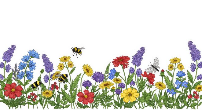 Colorful flowers and bees border