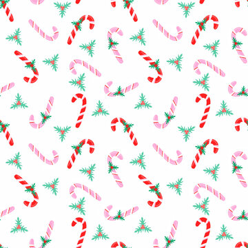 Seamless pattern of cute candy canes and holly leaves, synonymous with Christmas celebrations. Elegant design for wrapping paper, fabric, and backdrops.