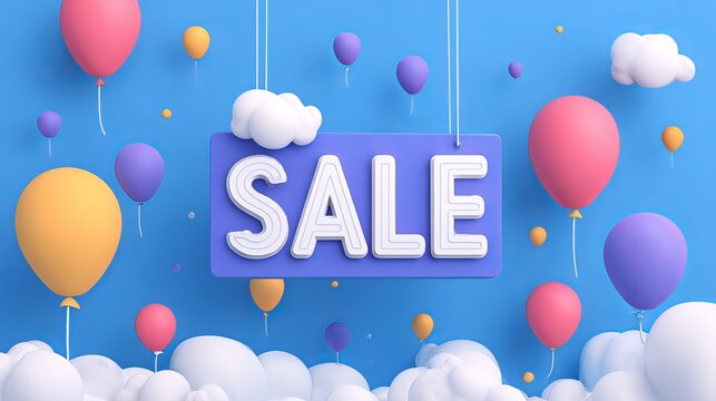 Grab Amazing Deals Now with this Colorful Sale Announcement Featuring Balloons and Clouds for a Fun Shopping Experience, Perfect for Retail Promotions
