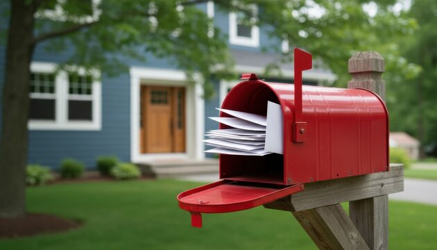 Bright red metal mailbox full of white letters stands open on a wooden post with its flag up, set against the blurred background of a suburban house and green lawn