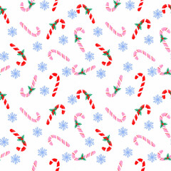Seamless pattern of cute candy canes and snowflakes, synonymous with Christmas celebrations. Elegant design for wrapping paper, fabric, and backdrops.