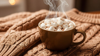 Cozy hot chocolate with marshmallows on warm knitted sweater