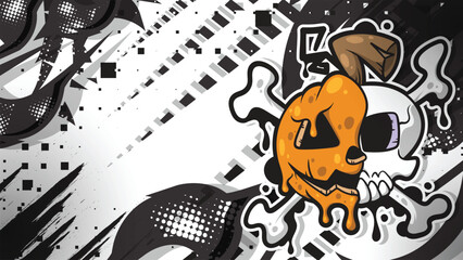Split Melting Pumpkin and Skull Mascot with Crossbones on Abstract Grunge Racing Background