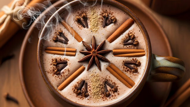 Top view of chai latte with star anise and cinnamon sticks garnish - Powered by Adobe