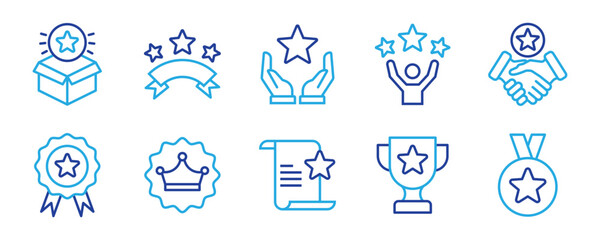 Star icon set. Containing rating, winner, medal, award, benefit, sparkle, shine, cup, badge and more. Editable line icons. Vector illustration.