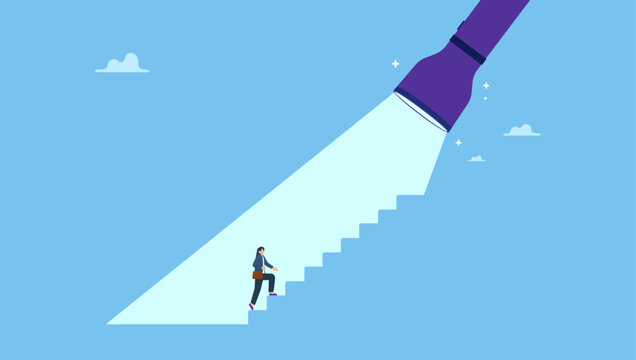 Flashlight staircase light beam to step up for businesswoman. Career guidance or advice to step up career path, business direction or spotlight to success, discover talent or job candidate.