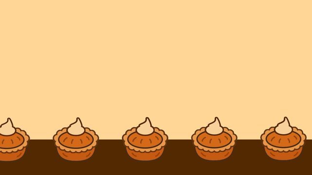 A neat row of pumpkin pies lines the scene, forming a warm harvest-dessert motif that captures the comforting flavors and celebratory spirit of Thanksgiving