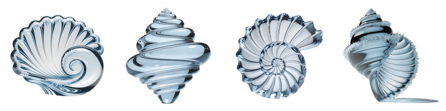 Glossy 3d render of abstract white and blue seashell collection
