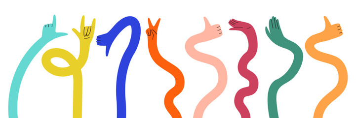 Flexible Hand Long Arm Cartoon Bundle. Abstract Comic Gesture Hands Icon with Funky Style. Vector Illustration